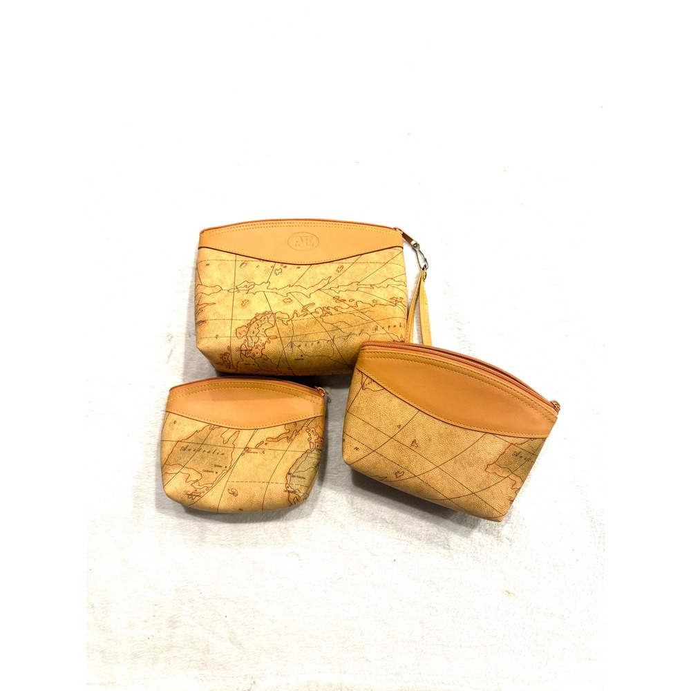 Vintage Allan Edward‎ World Map Cosmetic Bag Set 3 Piece Travel Pouches Tan AE